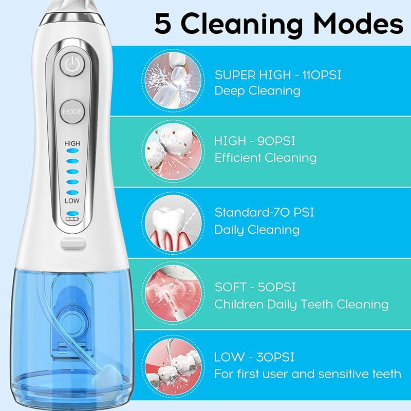 H2Ofloss Portable Dental Oral Irrigator With 5 Nozzles